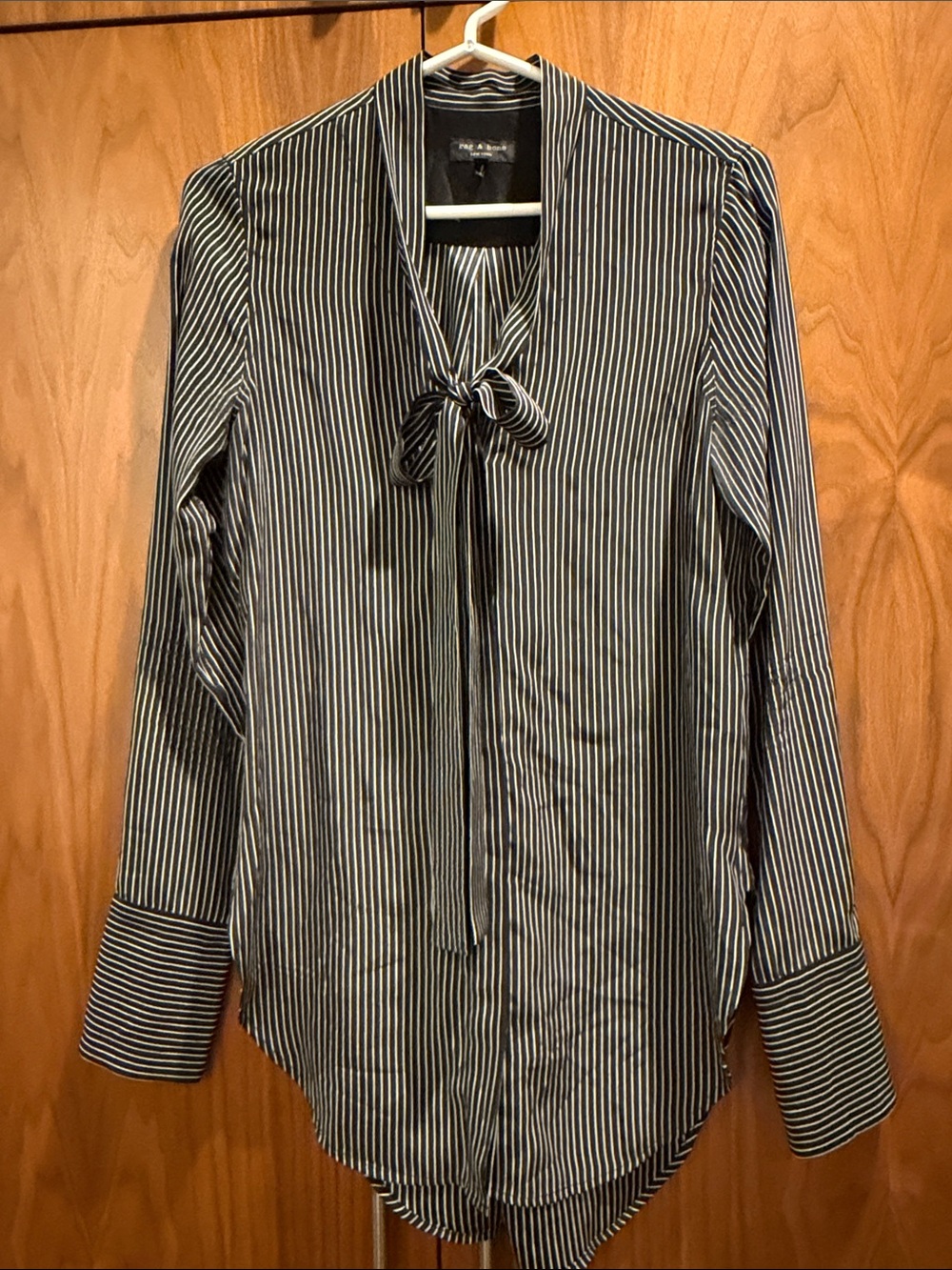 100% Silk black stripe button down pussycat bow blouse